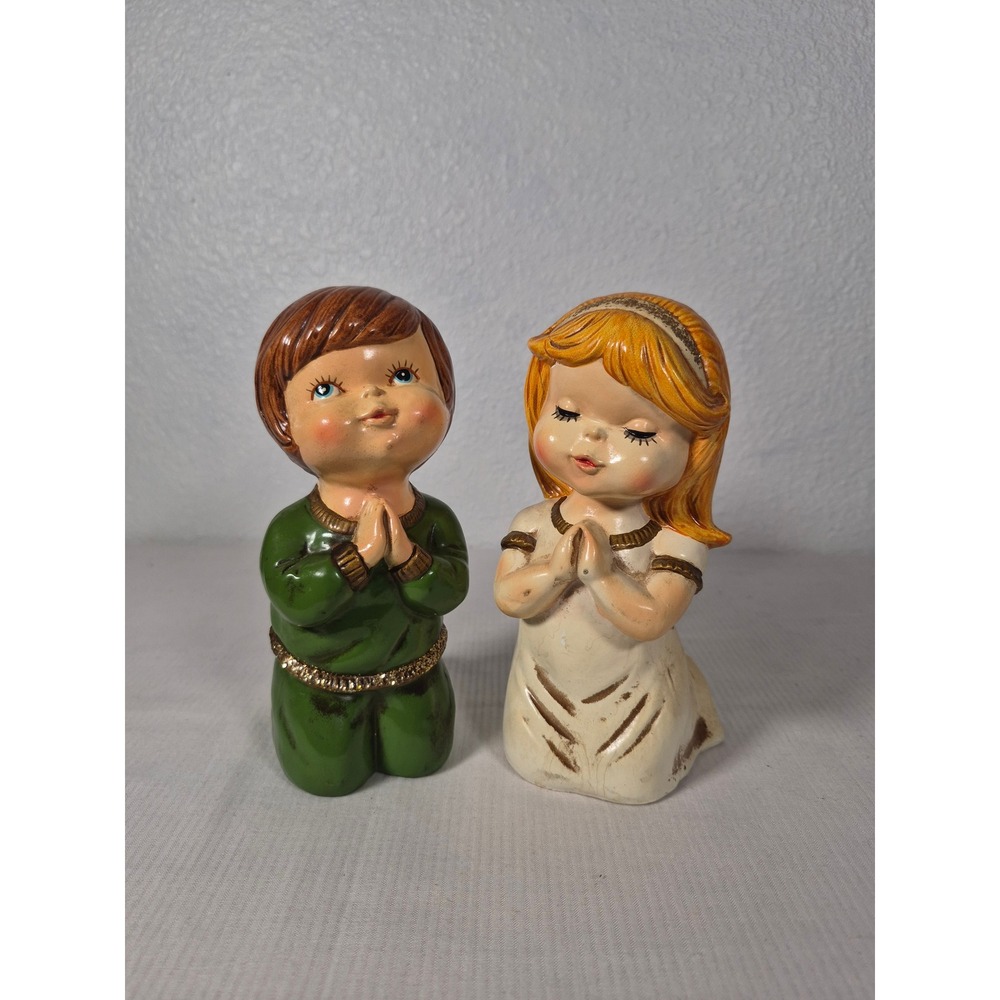 Vintage Star Japan Hand Painted Praying Boy and Girl Ceramic Figurines Set